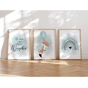MeinBaby123® Juego de 3 Cuadros DIN A4 Habitación Infantil | Póster decoración de la habitación de los niños | Decoración de la habitación del bebé | Cuadros de pared con texto (globo aerostático zorro menta)