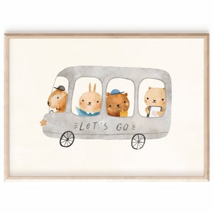 Póster Dulce habitación infantil Dulces amigos en el autobús DIN A4 | Decoración de habitaciones infantiles | Decoración de la habitación del bebé | Cuadros de habitaciones infantiles | regalo de nacimiento
