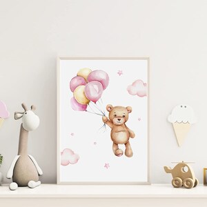 MeinBaby123® juego de 6 cuadros DIN A4 y DIN A5 habitación infantil | Póster decoración de la habitación de los niños | cuarto de bebe | Murales de frases (oso + globo rosa)