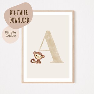 Descarga digital MyBaby123® | Cartel de letra inicial | Cuadros de habitaciones infantiles | Póster habitación infantil | Decoración de la habitación del bebé | Mural (Mono A)