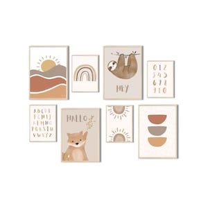MeinBaby123® juego de 8 cuadros DIN A4 y DIN A5 habitación infantil | Póster decoración de la habitación de los niños | cuarto de bebe | Arte de pared de animales (perezoso + oso juego de 8)