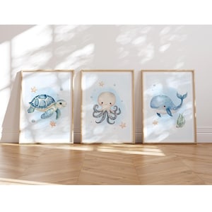Mundo submarino Póster A4 para habitación infantil, juego de 3, linda ballena, tortuga, medusa, decoración para habitación infantil, imágenes para habitación infantil