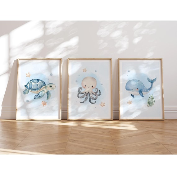 Unterwasserwelt A4 Poster Kinderzimmer 3er Set, süßer Wal, Schildkröte, Qualle, Kinderzimmer Deko, Kinderzimmer Bilder