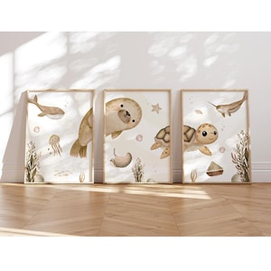 Poster A4 per la cameretta dei bambini, set da 3, mondo sottomarino, simpatica balena, tartaruga, medusa, decorazione per la cameretta dei bambini, immagini della cameretta dei bambini