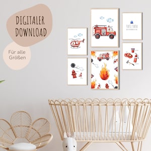 Descarga digital MyBaby123® | Juego de 6 carteles del Departamento de Bomberos | Cuadros de habitaciones infantiles | Póster para habitación infantil con motivo del departamento de bomberos.  (Conjunto de bomberos V5)