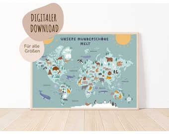 MeinBaby123® Digital Download | World Map Poster | Nursery Pictures | Nursery Posters | Educational Poster (World Map - Blue)