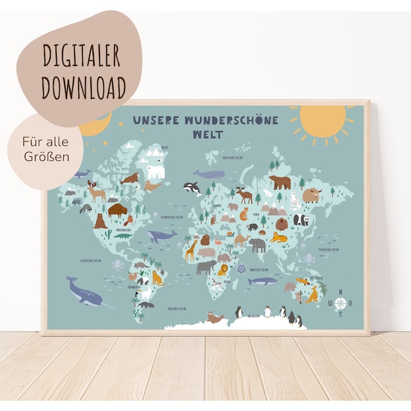 MyBaby123® Digital Download | World Map Poster | Pictures children's room | Nursery Posters | Learning poster (world map - blue)