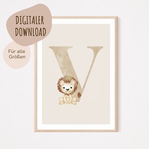 Descarga digital MyBaby123® | Cartel de letra inicial | Cuadros de habitaciones infantiles | Póster habitación infantil | Decoración de la habitación del bebé | Mural (León V)