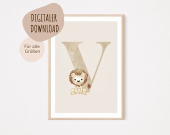 MeinBaby123® Digital Download | Initial Letter Poster | Nursery Pictures | Nursery Poster | Baby Room Decoration | Wall Art (Lion V)