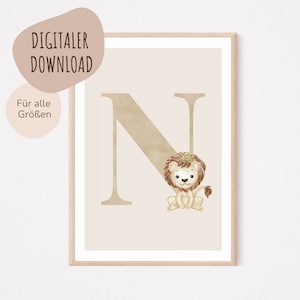 Descarga digital MyBaby123® | Cartel de letra inicial | Cuadros de habitaciones infantiles | Póster habitación infantil | Decoración de la habitación del bebé | Mural (León N)