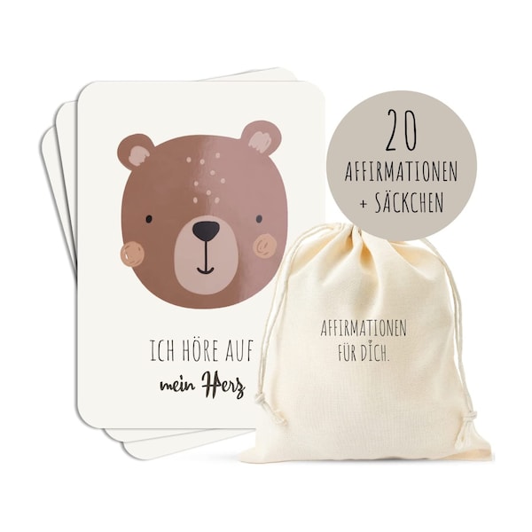 MeinBaby123® 20 Affirmationen für Kinder A6 | Karten für selbstbewusste Kinder | Mutmach-Karten mit partieller Veredelung + Baumwollsäckchen