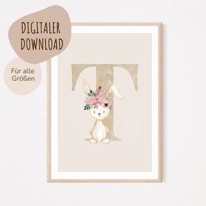 Descarga digital MyBaby123® | Cartel de letra inicial | Cuadros de habitaciones infantiles | Póster habitación infantil | Decoración de la habitación del bebé | Mural (Conejo T)