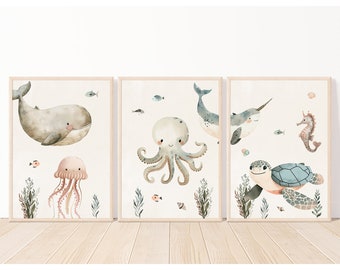 Cute sea animals A4 poster children's room set of 3, cute whale, turtle, jellyfish, children's room decoration, children's room pictures, underwater world