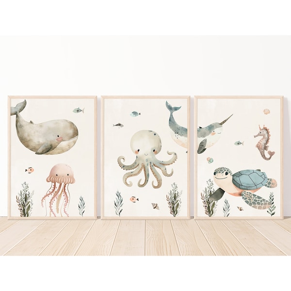 Schattige zeedieren A4 poster kinderkamer set van 3, schattige walvis, schildpad, kwal, kinderkamerdecoratie, kinderkamerfoto's, onderwaterwereld