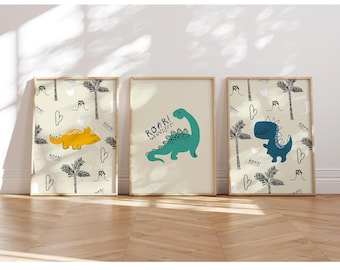 MeinBaby123® 3-Piece Dinosaur Poster Set DIN A4 | Dinosaur Pictures | Baby Room Decor | Children's Room Wall Art (Dino Poster Set - 1)