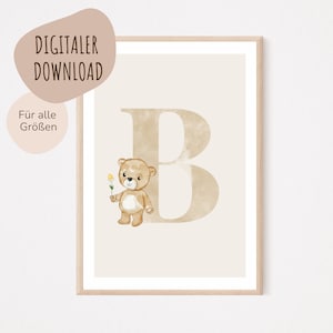 Descarga digital MyBaby123® | Cartel de letra inicial | Cuadros de habitaciones infantiles | Habitación infantil | Decoración de la habitación del bebé | Mural (Osito B)