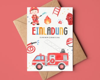 Brandweer uitnodigingskaarten voor kinderverjaardag | Verjaardagsuitnodigingen voor jongens | Kinderverjaardagsuitnodigingskaarten brandweer