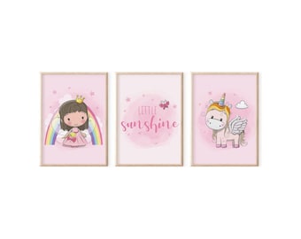 MeinBaby123® set de 3 cuadros DIN A4 unicornio habitación infantil | Póster decoración de la habitación de los niños | Decoración de la habitación del bebé | Murales (Unicornio V3)