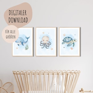 Descarga digital MyBaby123® | Conjunto de 3 carteles del mundo submarino | Cuadros de habitaciones infantiles | Póster habitación infantil ballena, tortuga, pulpo (V3)