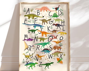 Affiche alphabet MeinBaby123® A2 | Apprendre les lettres | Affiche d'apprentissage de l'alphabet pour l'école primaire | Décoration murale pour chambre d'enfant (Affiche Dino ABC V2)