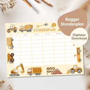 Digital timetable for children PDF to download | Timetable for school | Timetable to print for boys - excavator
