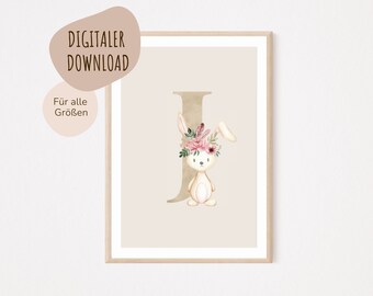 MeinBaby123® Digital Download | Initial Letter Poster | Nursery Pictures | Nursery Posters | Baby Room Decor | Wall Art (Rabbit J)
