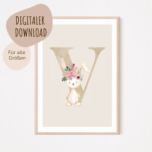 Descarga digital MyBaby123® | Cartel de letra inicial | Cuadros de habitaciones infantiles | Póster habitación infantil | Decoración de la habitación del bebé | Mural (Liebre V)