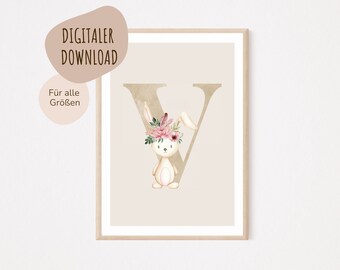 MeinBaby123® Digital Download | Initial Letter Poster | Nursery Pictures | Nursery Posters | Baby Room Decor | Wall Art (Rabbit V)