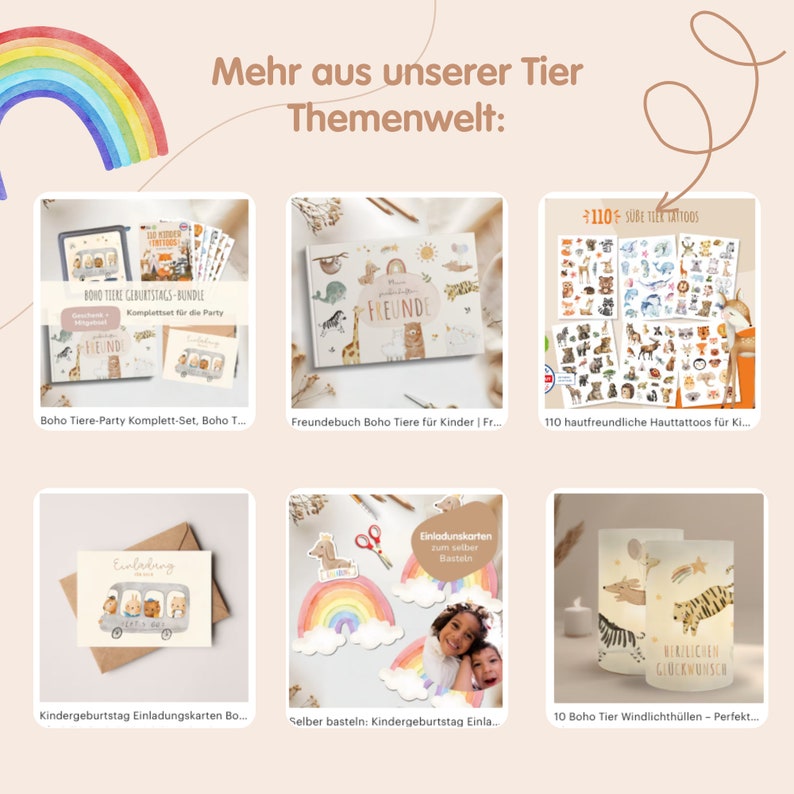 Puede incluir: Una colecci&oacute;n de art&iacute;culos para fiestas con tem&aacute;tica de animales boho, que incluye un paquete de fiesta de cumplea&ntilde;os, un libro de amigos, tatuajes temporales, tarjetas de invitaci&oacute;n, un kit de manualidades de arco&iacute;ris y portavelas. Los productos presentan una variedad de animales, incluyendo jirafas, cebras y tigres.