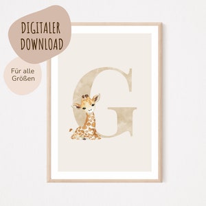 Descarga digital MyBaby123® | Cartel de letra inicial | Cuadros de habitaciones infantiles | Habitación infantil | Decoración de la habitación del bebé | Mural (Jirafa G)