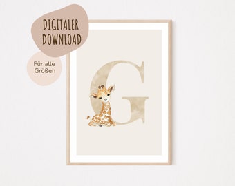 MeinBaby123® Digital Download | Initial Letter Poster | Children's Room Pictures | Nursery | Baby Room Decor | Wall Art (Giraffe G)
