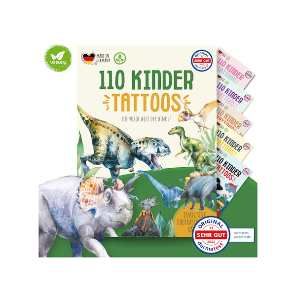 MeinBaby123® 110 hautfreundliche Hauttattoos für Kinder, Dino Hauttattoos, Dinosaurier Tattoos, Jungs Geschenk, Mitgebsel Kindergeburtstag