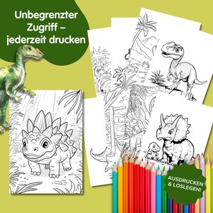 May include: A black and white coloring page featuring a dinosaur with spikes on its back. The dinosaur is surrounded by plants. The text "Unbegrenzter Zugriff - jederzeit drucken" is at the top of the page. A set of colored pencils are in the bottom right corner of the image.