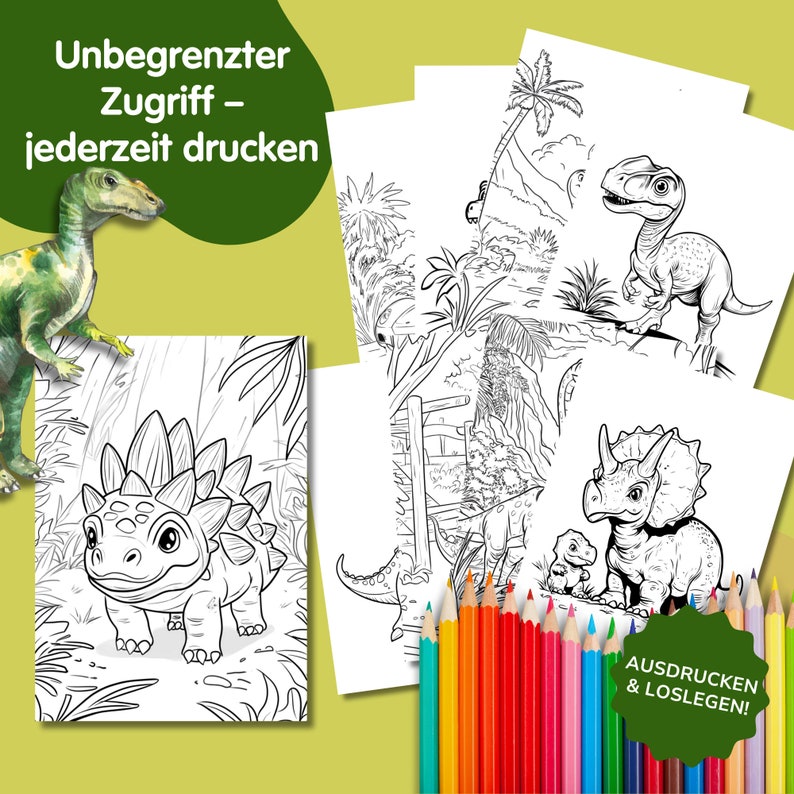 May include: A black and white coloring page featuring a dinosaur with spikes on its back. The dinosaur is surrounded by plants. The text "Unbegrenzter Zugriff - jederzeit drucken" is at the top of the page. A set of colored pencils are in the bottom right corner of the image.