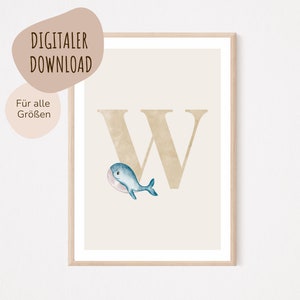 Descarga digital MyBaby123® | Cartel de letra inicial | Cuadros de habitaciones infantiles | Póster habitación infantil | Decoración de la habitación del bebé | Mural (Ballena W)