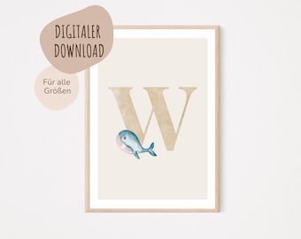 MeinBaby123® Digital Download | Initial Letter Poster | Nursery Pictures | Nursery Poster | Baby Room Decoration | Wall Art (Whale W)
