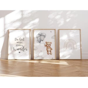 MeinBaby123® Juego de 3 Cuadros DIN A4 Habitación Infantil | Póster decoración de la habitación de los niños | Decoración de la habitación del bebé | Cuadros de pared con frases (oso y arcoíris)