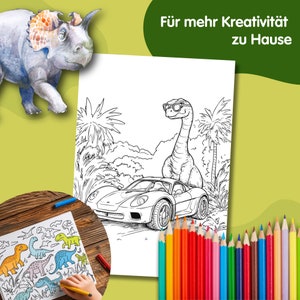 May include: A black and white coloring page featuring a dinosaur wearing sunglasses and driving a sports car. The dinosaur is in a jungle setting with palm trees. The text "F&uuml;r mehr Kreativit&auml;t zu Hause" is at the top of the page.