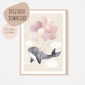 Descarga digital MyBaby123® | Póster del mundo submarino | Fotos habitación infantil niñas | Póster habitación infantil ballena con globos (V10)