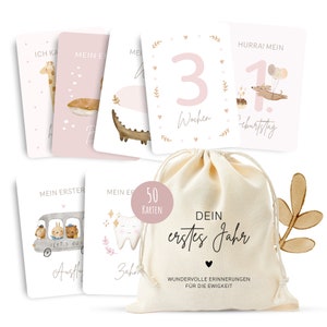 50 Meilensteinkarten "Dein ersts Jahr" zum Ausfüllen inkl. Baumwollsäckchen, Geschenk zur Geburt, Geschenkidee zur Geburt (rosa)