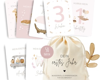 50 biglietti cardine "Il tuo primo anno" da compilare comprensivi di sacchetto in cotone, regalo nascita, idea regalo nascita (rosa)