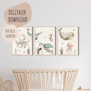 Descarga digital MyBaby123® | Conjunto de 3 carteles del mundo submarino | Cuadros de habitaciones infantiles | Póster habitación infantil ballena, tortuga, pulpo (V7)