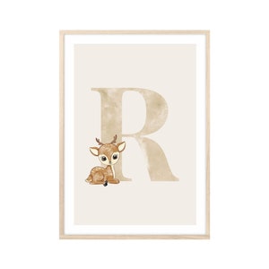MeinBaby123® Cuadros DIN A4 habitación infantil | Letras iniciales | Póster decoración de la habitación de los niños | Decoración de la habitación del bebé | Murales de citas (dulce ciervo - R)
