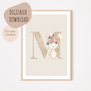 Descarga digital MyBaby123® | Cartel de letra inicial | Cuadros de habitaciones infantiles | Póster habitación infantil | Decoración de la habitación del bebé | Mural (Conejito M)