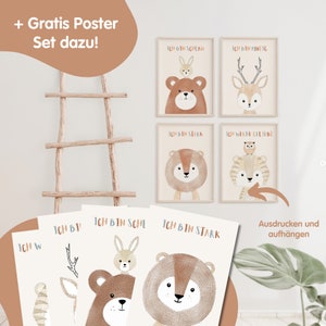 Puede incluir: Un conjunto de cuatro p&oacute;sters imprimibles con ilustraciones de animales con texto en alem&aacute;n. Los p&oacute;sters muestran un oso, un ciervo, un le&oacute;n y un tigre. El texto en los p&oacute;sters dice "Ich bin schlau", "Ich bin mutig", "Ich bin stark" y "Ich werde geliebt".