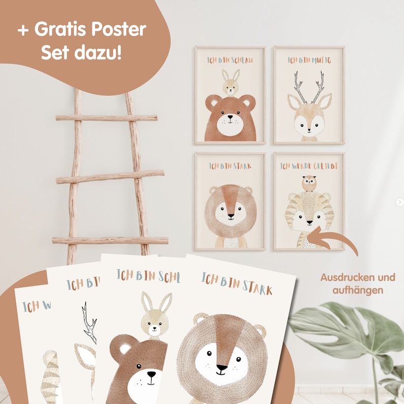 Puede incluir: Un conjunto de cuatro p&oacute;sters imprimibles con ilustraciones de animales con texto en alem&aacute;n. Los p&oacute;sters muestran un oso, un ciervo, un le&oacute;n y un tigre. El texto en los p&oacute;sters dice "Ich bin schlau", "Ich bin mutig", "Ich bin stark" y "Ich werde geliebt".