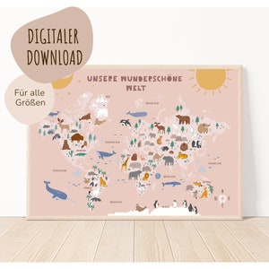 MeinBaby123® Digitaler Download | Weltkarte Poster | Bilder Kinderzimmer | Kinderzimmer Poster | Lernposter (Weltkarte - rosa)