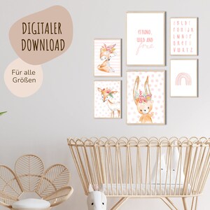 Download digitale MyBaby123® | Set di poster con animali africani da 6 | Immagini della cameretta dei bambini | Poster per la cameretta dei bambini arcobaleno, coniglietto (animali boho rosa)