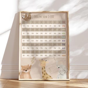 MeinBaby123® A2 Zahlen 1-100 Poster | Zahlen Trainer | Lernposter Mathematik Grundschule |(1-100 A2 Tiere beige)
