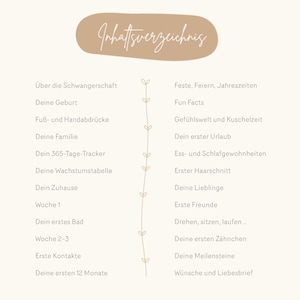 Op de afbeelding: Een beige en bruine ge&iuml;llustreerde gids met een inhoudsopgave voor een zwangerschapsdagboek. De inhoudsopgave bevat secties zoals "Je geboorte", "Je familie", "Je eerste bad", "Je mijlpalen" en "Wensen en liefdesbrief".